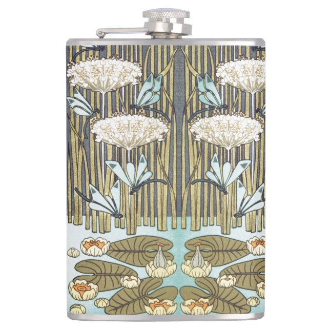 Vintage Sage Green Dragonfly & Lily Art Flask (Front)