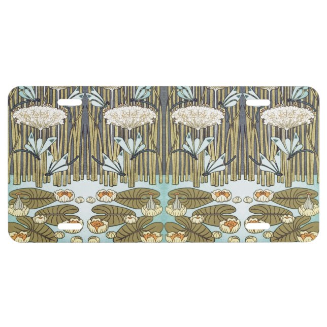 Vintage Sage Green Dragonfly & Lily Art License Plate (Front)