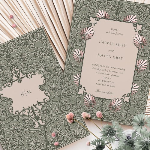 Vintage Sage Green Dusty Pink Wedding Invitation