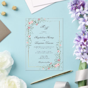 Vintage Sage Green Dusty Rose Floral Vine Wedding Acrylic Invitations