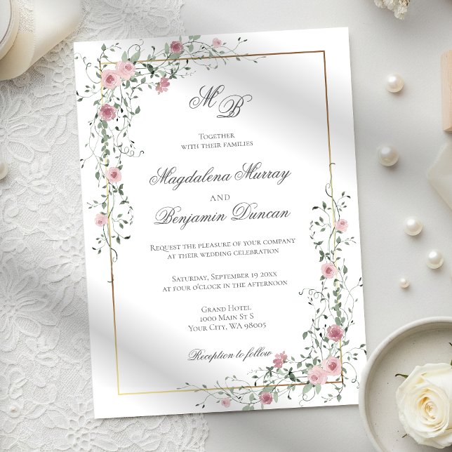 Vintage Sage Green Dusty Rose Floral Vine Wedding Invitation (Creator Uploaded)