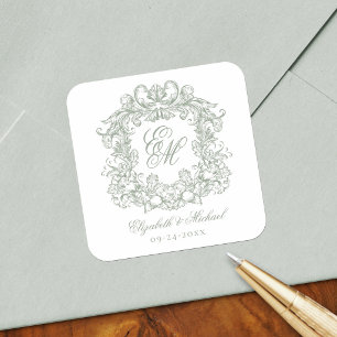 Vintage Sage Green Elegant Wedding Monogram Crest Square Sticker