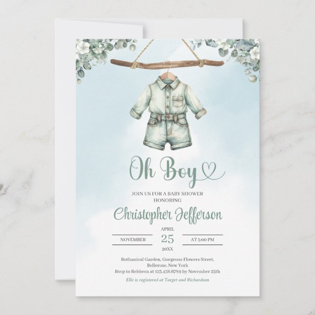 Vintage sage green eucalyptus boy baby clothes invitation (Front)