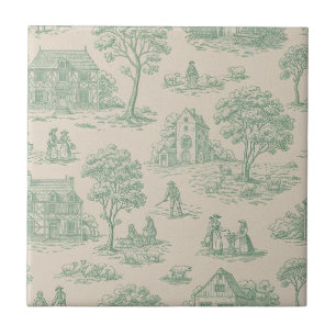 Vintage Sage Green Farmhouse Toile Landscape Ceramic Tile