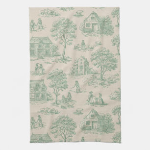 Vintage Sage Green Farmhouse Toile Landscape Kitchen Towel