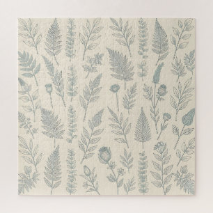 Vintage Sage Green Ferns Wildflowers Botanical  Jigsaw Puzzle