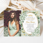 Vintage Sage Green Floral Butterflies Quinceañera  Invitation<br><div class="desc">Personalize this vintage chic red floral Quinceañera / Sweet 16 birthday photograph invitation easily and quickly. Simply click the customize it further button to edit the texts, change fonts and fonts colors. Featuring soft watercolor sage green flowers, butterflies and a gold trimmed oval space to put all your important celebration...</div>