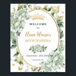 Vintage Sage Green Floral Butterflies Quinceañera  Poster<br><div class="desc">Personalize this vintage chic sage green floral Quinceañera / Sweet 16 birthday welcome sign easily and quickly. Simply click the customize it further button to edit the texts, change fonts and fonts colors. Featuring soft watercolor sage green flowers, butterflies and a gold trimmed oval space to put all your important...</div>