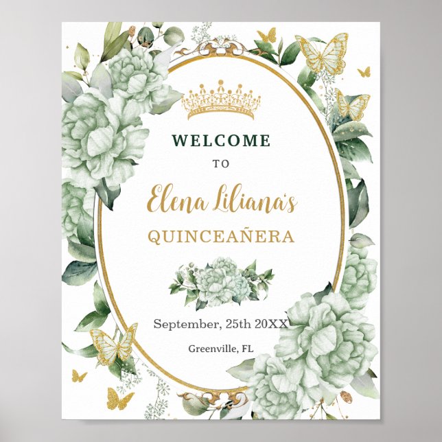 Vintage Sage Green Floral Butterflies Quinceañera  Poster (Front)