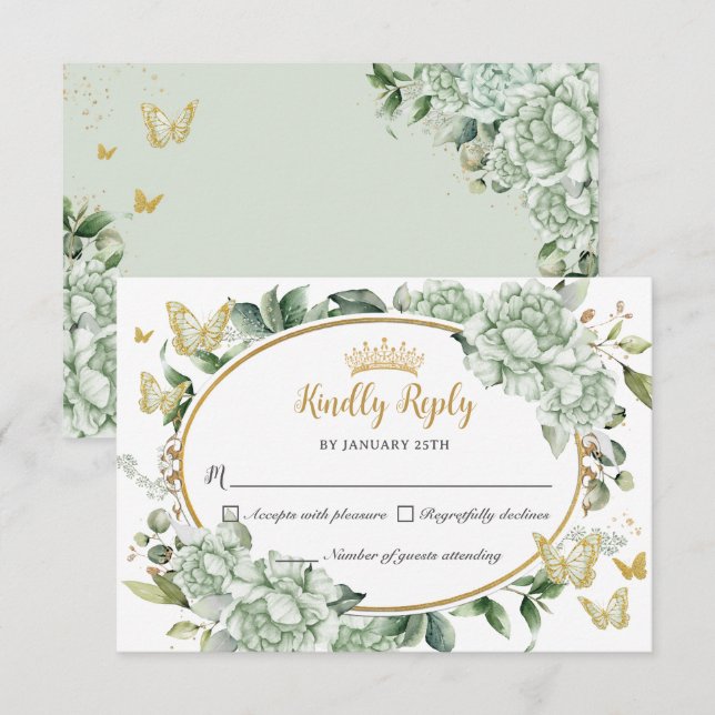 Vintage Sage Green Floral Butterflies Quinceañera RSVP Card (Front/Back)