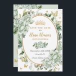 Vintage Sage Green Floral Butterflies Quinceañera  Save The Date<br><div class="desc">Personalize this vintage chic sage green floral Quinceañera / Sweet 16 birthday save the date easily and quickly. Simply click the customize it further button to edit the texts, change fonts and fonts colors. Featuring soft watercolor sage green flowers, butterflies and a gold trimmed oval space to put all your...</div>
