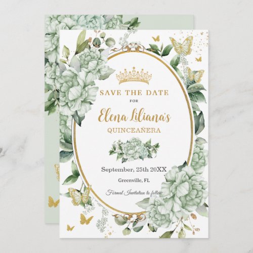 Vintage Sage Green Floral Butterflies Quinceaera  Save The Date
