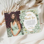 Vintage Sage Green Floral Butterflies Quinceanera  Thank You Card<br><div class="desc">Personalize this vintage chic sage green floral Quinceañera / Sweet 16 birthday photograph thank you card easily and quickly. Simply click the customize it further button to edit the texts, change fonts and fonts colors. Featuring soft watercolor sage green flowers, butterflies and a gold trimmed oval space to put all...</div>