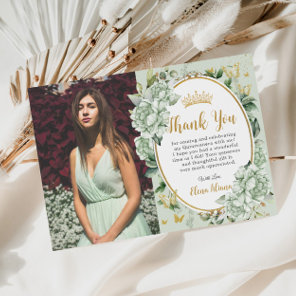 Vintage Sage Green Floral Butterflies Quinceanera  Thank You Card