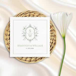 Vintage sage green floral crest monogram wedding napkins