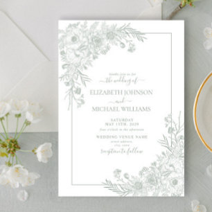 Vintage Sage Green Floral Line Art Script Wedding Invitation