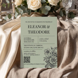Vintage Sage Green Floral Romantic QR Code Invitation