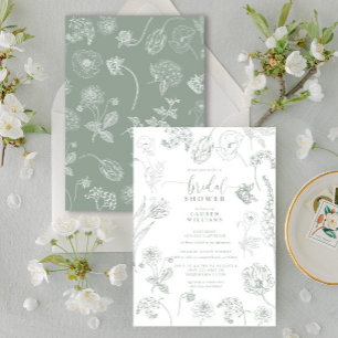 Vintage Sage Green Floral Script Bridal Shower Invitation