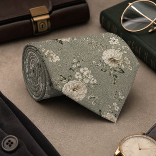 Vintage Sage Green Floral Seamless Pattern Neck Tie