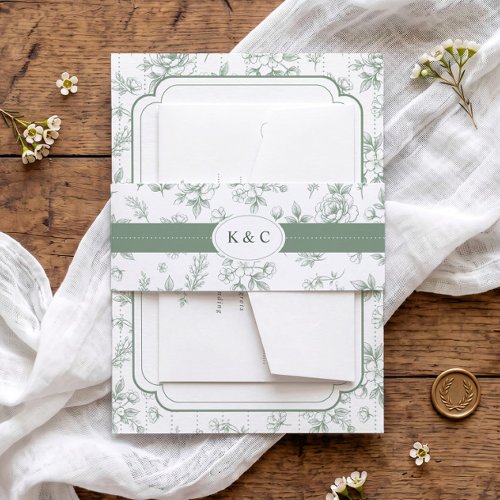 Vintage Sage Green Floral Toile Initials Wedding Invitation Belly Band