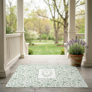 Vintage Sage Green Floral Toile Monogram Crest Doormat