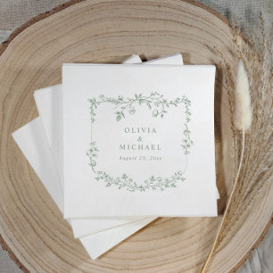Vintage Sage Green French Floral Crest Wedding Napkins