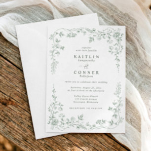 Vintage Sage Green French Floral Elegant Wedding Invitation
