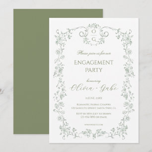 Vintage Sage Green French Floral Engagement Party Invitation