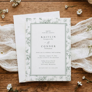 Vintage Sage Green French Floral Frame Wedding Invitation