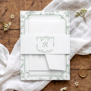 Vintage Sage Green French Floral Stripes Wedding Invitation Belly Band