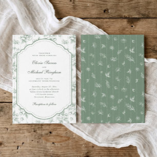 Vintage Sage Green French Floral Toile Wedding Invitation