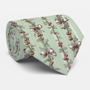 Vintage Sage Green Holly Berry Ribbon Christmas Neck Tie