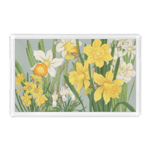 Vintage Sage Green Japanese Daffodil Floral Art Acrylic Tray