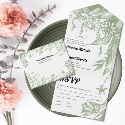 Vintage sage green line art flowers wedding all in one invitation