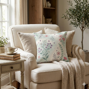 Vintage Sage Green Pink Cottagecore Floral Chintz Throw Pillow
