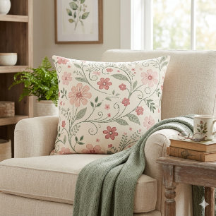 Vintage Sage Green Rose Cottagecore Floral Trail Throw Pillow