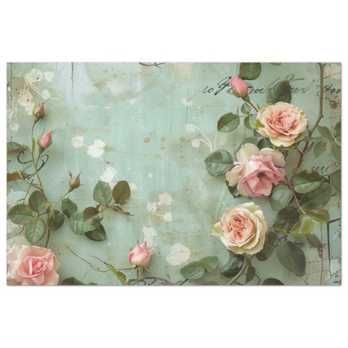 Vintage Sage Green  Roses Background Decoupage Tissue Paper