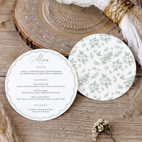 Vintage Sage Green Scalloped Circle Round Wedding Menu