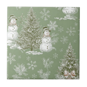 Vintage Sage Green Snowman Christmas Toile Ceramic Tile