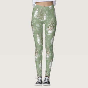 Vintage Sage Green Snowman Christmas Toile Leggings