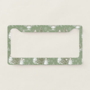 Vintage Sage Green Snowman Christmas Toile License Plate Frame