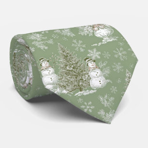 Vintage Sage Green Snowman Christmas Toile Neck Tie