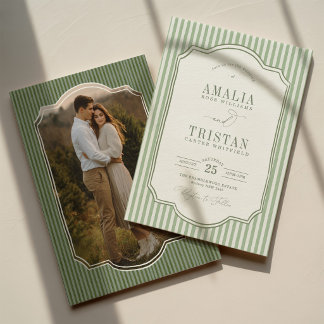 Vintage Sage Green Stripe Wedding Photo Invitation