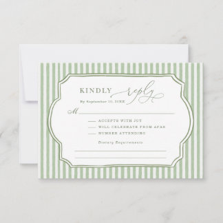 Vintage Sage Green Striped Wedding RSVP Card