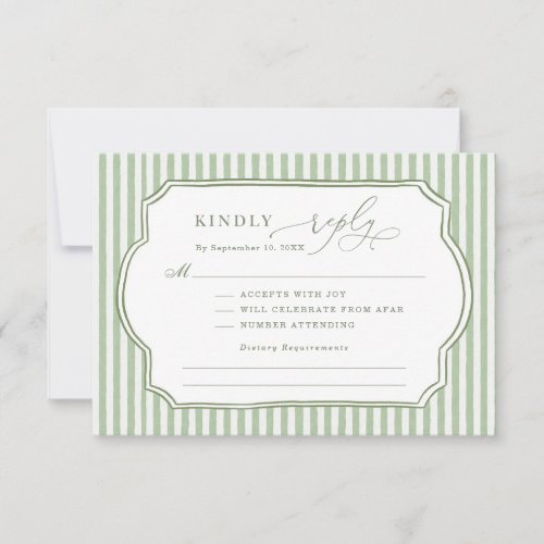 Vintage Sage Green Striped Wedding RSVP Card