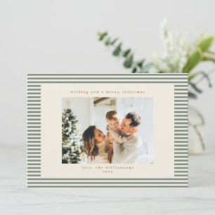 Vintage Sage Green Stripes Custom Photo Christmas Holiday Card