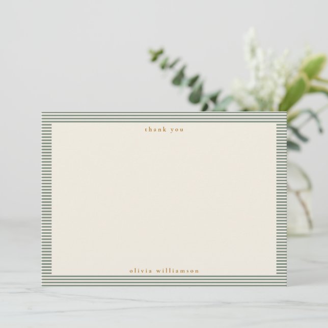 Vintage Sage Green Stripes Personalized Name Thank You Card (Standing Front)