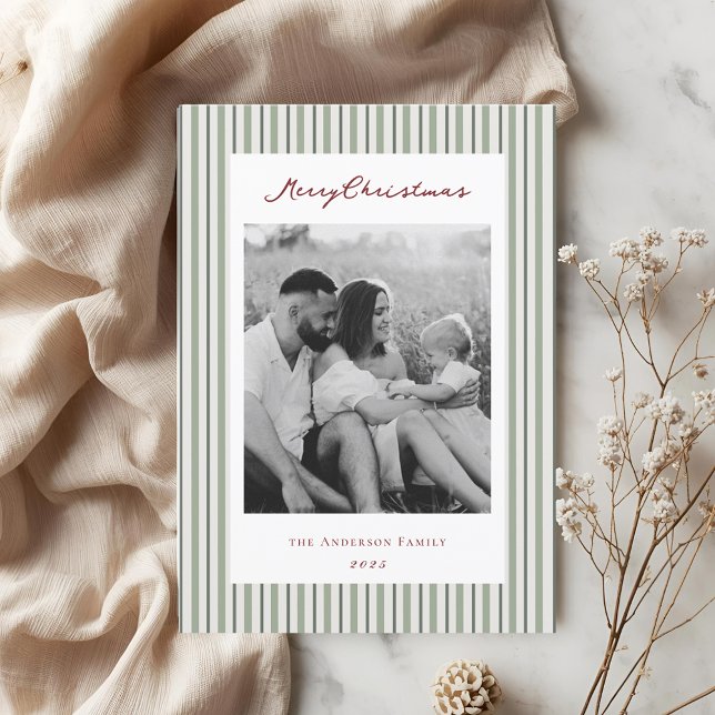Vintage Sage Green Stripes Two Sided Family Photo Holiday Card (Creator Uploaded)
