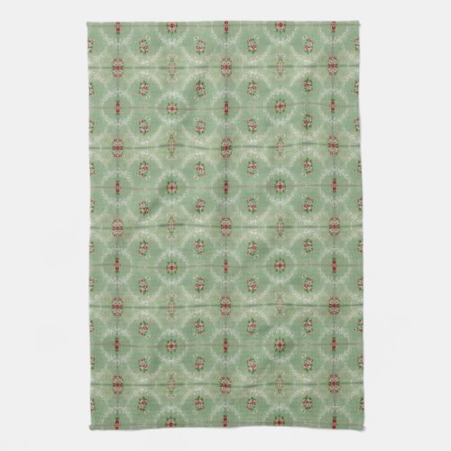 Vintage Sage Green Tile Pattern Dainty Floral Kitchen Towel