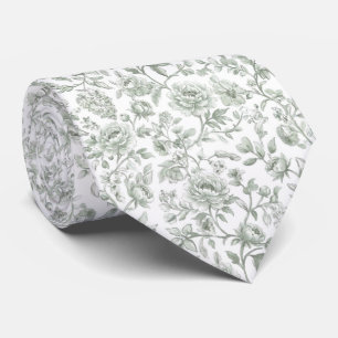 Vintage Sage Green Toile-De-Jouy Watercolor Floral Neck Tie